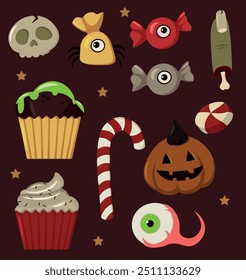 Vector illustration. Halloween sticker set. Sweets.