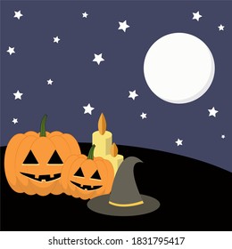 Vector illustration halloween symbols: witch hat, pumpkin and candles with moon and stars
