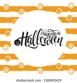 Vector illustration for Halloween. Halloween Text Banner. Poster for Halloween on yellow background. Autumn poster with pumpkin, web, bat, spider.