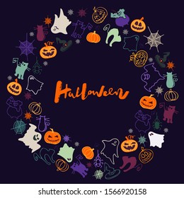 Vector illustration of Halloween text and Halloween banner with pumpkins, cats and ghosts. Halloween lettering typography poster / card / invitation / banner