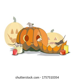 A vector illustration for Halloween that includes rats, Jack-O-Lanterns and candles on white isolated background, good art for prints on clothes, bags or postcards, décor od websites or design.
