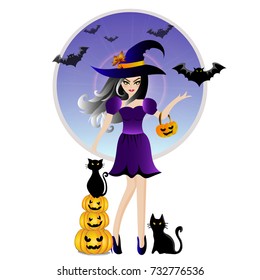 Vector and illustration Halloween theme party girl with black witch fancy dress around with Halloween pumpkins, black cats, bats and full moon background