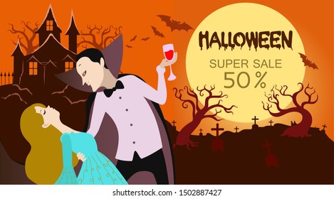 Vector illustration with a Halloween theme where a Dracula is sucking the blood of a girl with a scary Dracula castle background