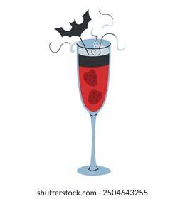 Vector illustration of a Halloween themed cocktail in a tall glass, smoke of dry ice, red liquid with strawberries and bat garnish. Flat, cartoon image with spooky vibe, for parties and celebrations