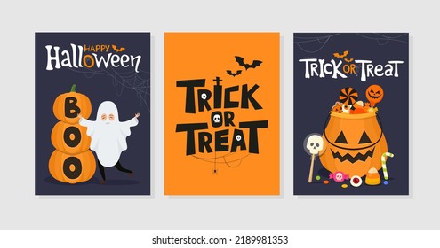 Vector illustration of Halloween and Trick or Treat party invitations or poster designs. Celebration greeting cards.