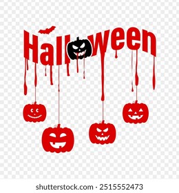 Vector illustration of Halloween typography with red pumpkins and dripping blood drops on transparent background