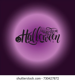 Vector illustration of halloween with violet moon on black background. Typography poster. Happy Halloween Text Banner. Autumn illustration with pumpkin, web, bat, spider. EPS 10