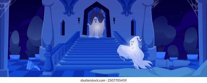 Una Ilustración vectorial para Halloween, que representa fantasmas malvados volando en una noche oscura en un castillo en ruinas. Una decoración intimidante para unas vacaciones.