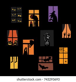 Vector illustration of Halloween windows silhouette set. Very easy to edit. 