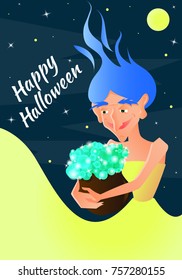 
Vector Illustration for Halloween. Witch against the background of the night sky, holding a pot of potions in her hands.