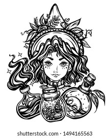 Vector illustration, Halloween, witch, bottles of potion, mystic, witchcraft. handmade, prints,tattoo