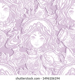 Vector illustration, Halloween, witch, bottles of potion, mystic, witchcraft. handmade, prints, background light purple, seamless pattern