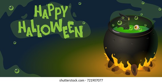 vector illustration Halloween, Witch cat, potion, soup. Poster, web banner. Happy Halloween, green smoke.