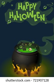 vector illustration Halloween, Witch cat, potion, soup. Poster, web banner. Happy Halloween, green smoke.