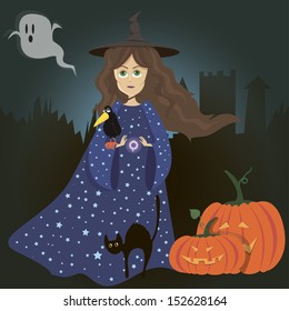 Vector illustration for halloween. Witch, crow, witchcraft, pumpkins.