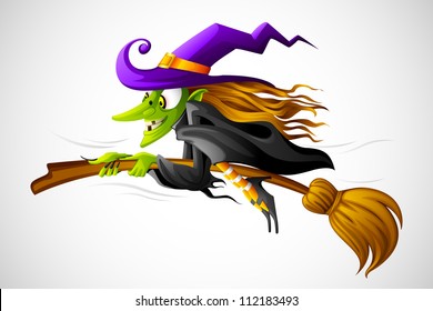 Vector Illustration Of Halloween Witch Flying On Broom