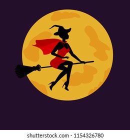 Vector illustration of halloween witch flying on broom in background of moon