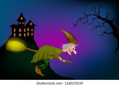 Vector illustration of halloween witch flying on broom. Cartoon Funny Witch 