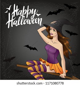 vector illustration of halloween witch flying on broom 2