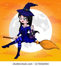 Vector Illustration of a Halloween Witch Flying on a Broomstick