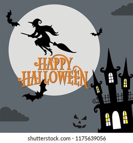 vector illustration of halloween witch flying on broom