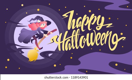 Vector Illustration of a Halloween Witch Flying on a Broomstick