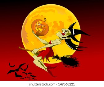 vector illustration of halloween witch flying on broom; 