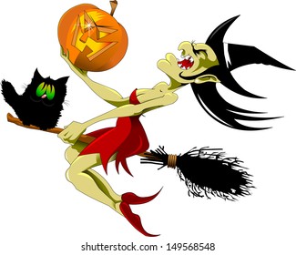 vector illustration of halloween witch flying on broom; 
