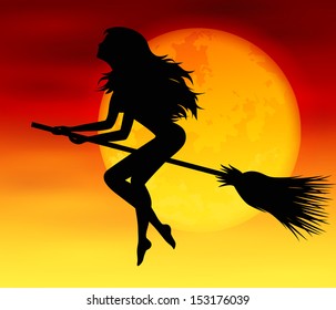 Vector illustration to Halloween of the witch flying on a sweeper against full moon