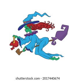 vector illustration of halloween witch flying on broom eps