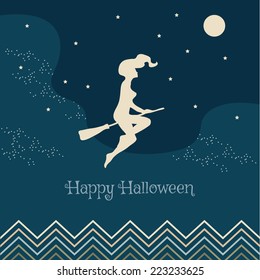 Vector illustration for Halloween. Witch flying on a broom. Can be used for flyers, for a poster, for a banner or postcard.