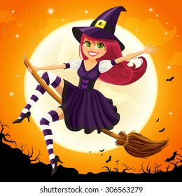 Vector Illustration of a Halloween Witch Flying on a Broomstick