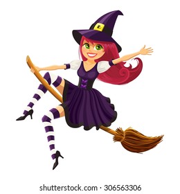 Vector Illustration of a Halloween Witch Flying on a Broomstick