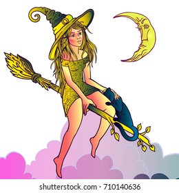 Vector Illustration of a Halloween Witch Flying on a Broomstick