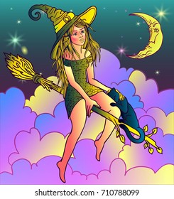 Vector Illustration of a Halloween Witch Flying on a Broomstick