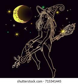 Vector Illustration of a Halloween Witch Flying on a Broomstick