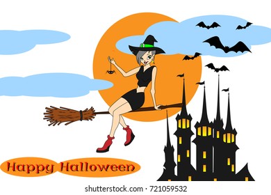 Vector Illustration of a Halloween Witch Flying on a Broomstick