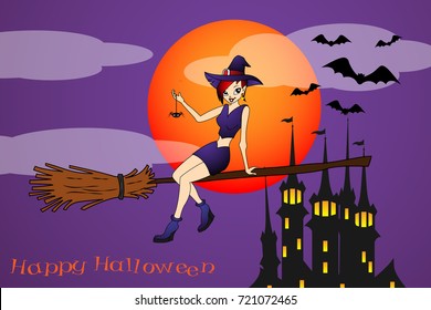 Vector Illustration of a Halloween Witch Flying on a Broomstick