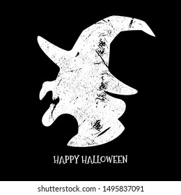 Vector illustration of Halloween witch in hat isolated on dark background in black and white color tone with lettering "Happy Halloween"- Vector.