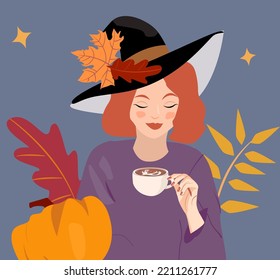 Vektorgrafik zu Halloween. Die Hexe in einem Hut hält einen Teebeutel auf dem Hintergrund der Herbstblätter. Eine Frau in einem Hexenkostüm. Herbstparaphernalblätter wie ein Hut