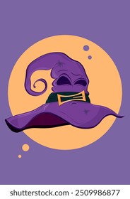 Ilustração vetorial do chapéu de bruxa de Halloween sobre fundo roxo.
