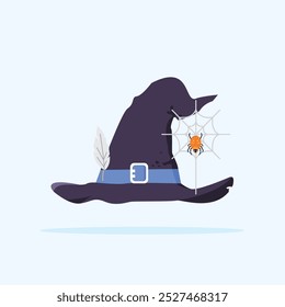 Vector illustration of Halloween witch hat with spider web and cartoon feathers. Design element for Halloween.