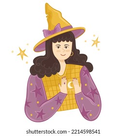 Vector illustration Halloween witch in magic hat and month in her hand