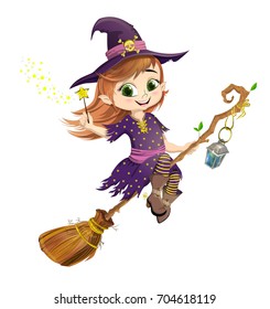 Vector Illustration of a Halloween Witch with a magic wand in her hands flying on a broomstick