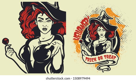 Vector illustration for Halloween with a witch on a light background. All elements are in a separate group and layers are signed.