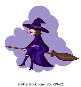 vector illustration of halloween witch on the broom