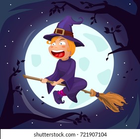 vector illustration halloween, witch on broom, celebratory character, flying on broom. Scary illustration, night and moon. Poster, banner, flyer.