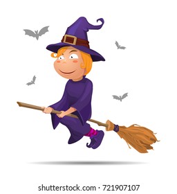 vector illustration halloween, witch on broom, celebratory character, flying on broom. Scary illustration, night and moon. Poster, banner, flyer.