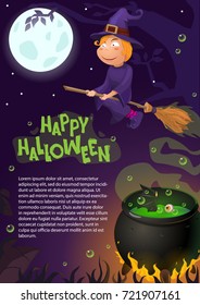 vector illustration halloween, witch on broom, celebratory character, flying on broom. Scary illustration, night and moon. Poster, banner, flyer.