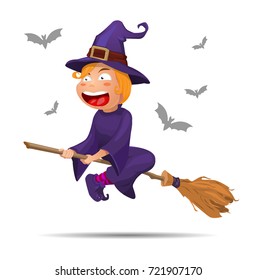 vector illustration halloween, witch on broom, celebratory character, flying on broom. Scary illustration, night and moon. Poster, banner, flyer.